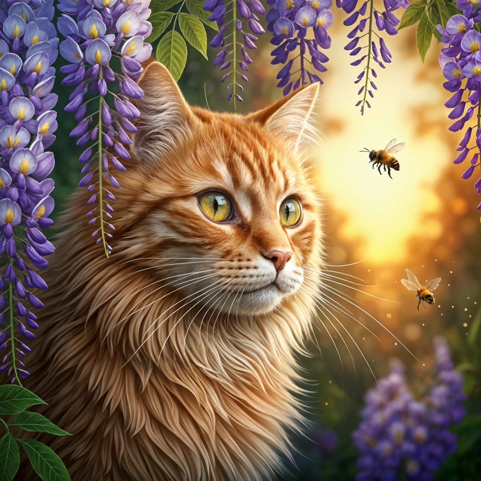 Orange Cat Under Wisteria in Ethereal Fantasy Style