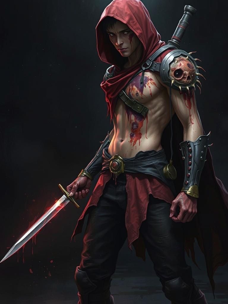 Decaying Red Hooded Assassin in Biomechanical Horror Style
