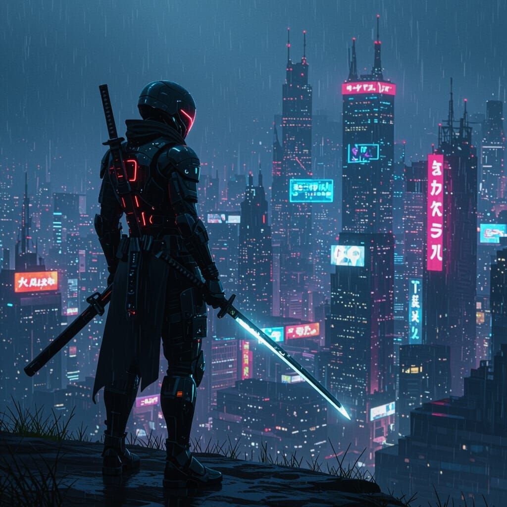 Cyberpunk Ninja Overlooking Neon Cityscape
