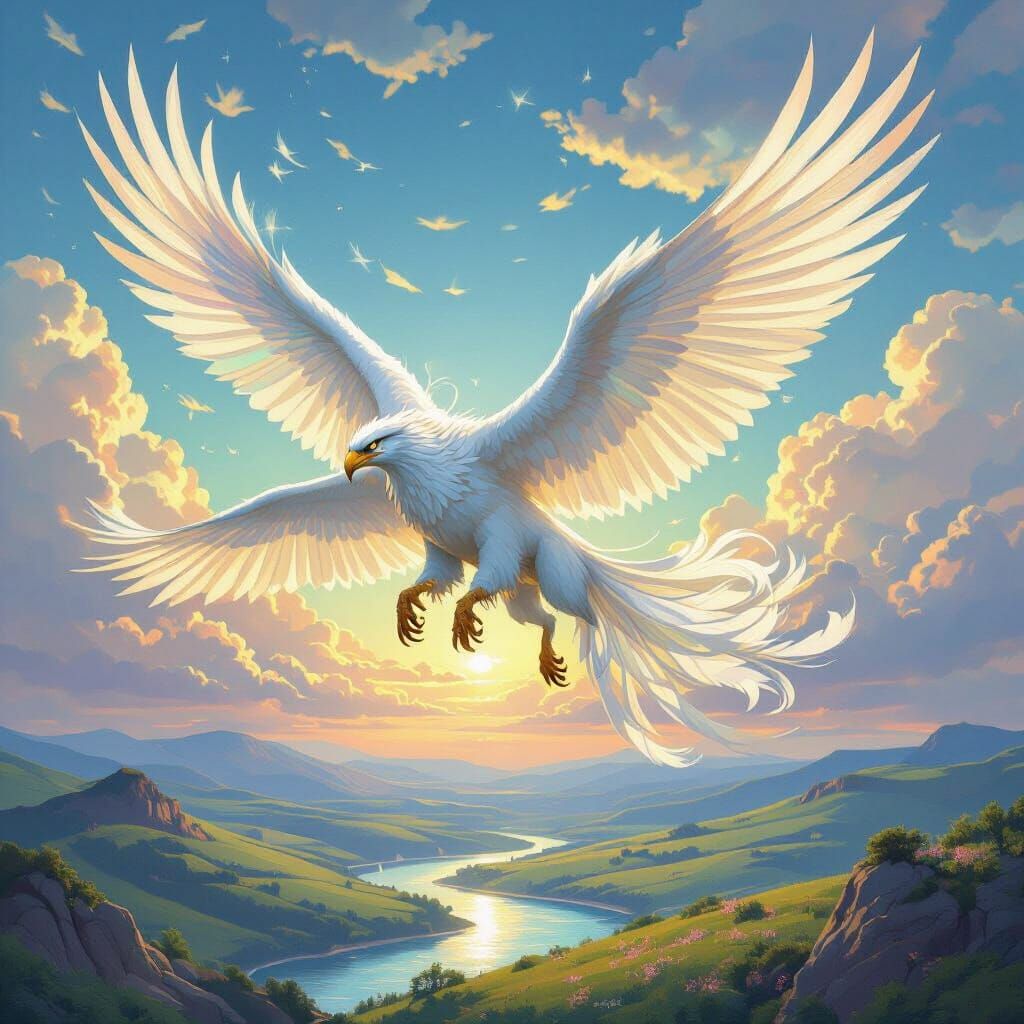 Griffin Soaring Through a Vibrant Sky in Fantasy Art