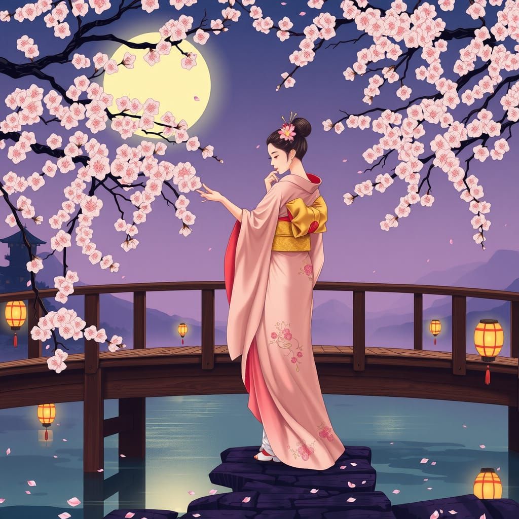 Courtesan Under Cherry Blossoms in Ukiyo-e Style