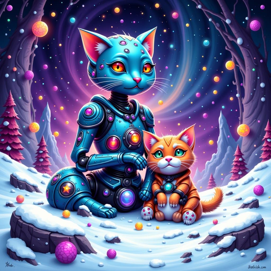 Robot and Kitty in Cosmic Winter Landscape