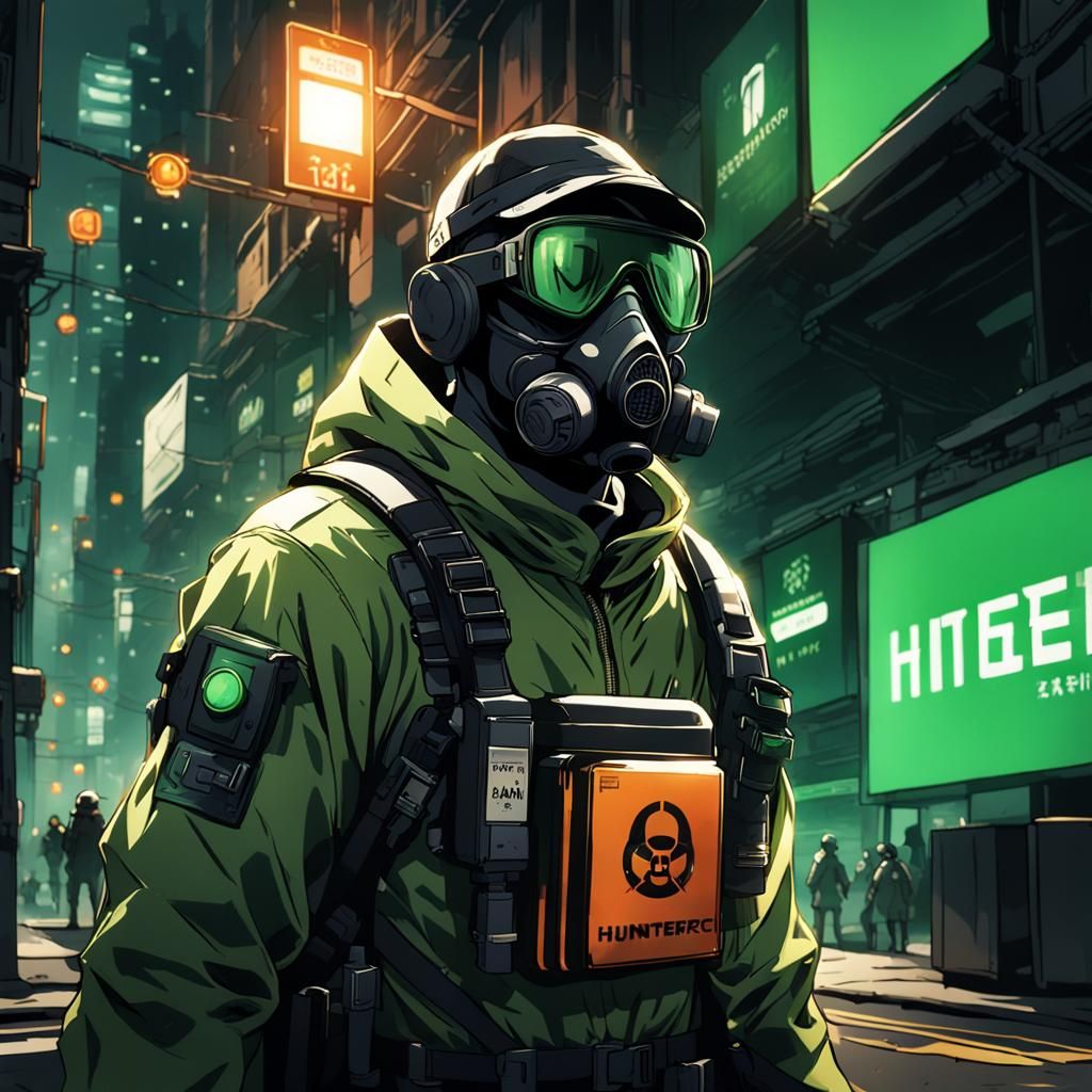 Hunter in Hazmat Suit at Military Checkpoint, Anime Style
