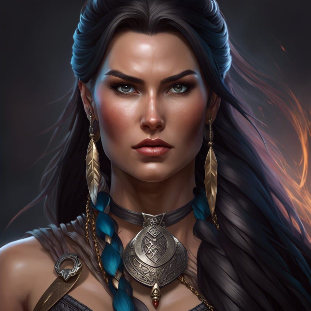Fierce Barbarian Woman Portrait in Hyperdetailed Style