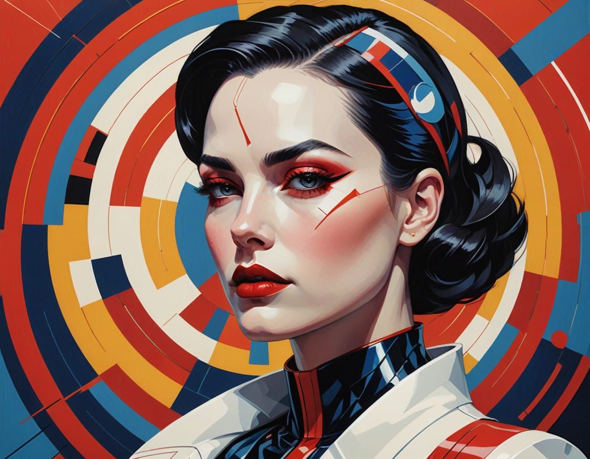 Retro-Futuristic Lady with Geometric Patterns and Bold Color...