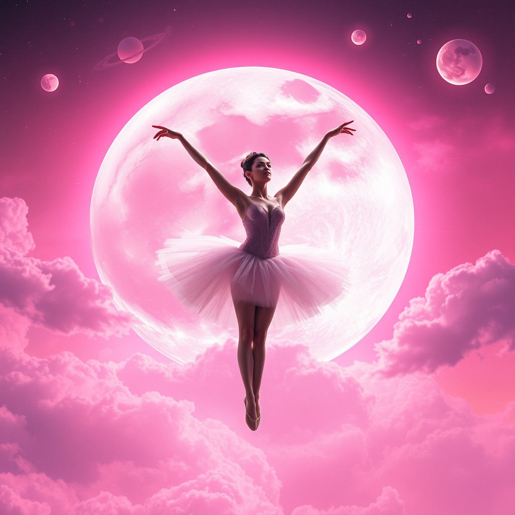 Ballerina in Space on Pink Moon: Dreamlike Sci-Fi Art