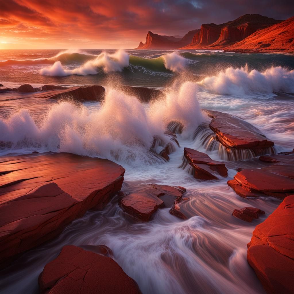 Dramatic Waves Crashing on Red Rock Coast