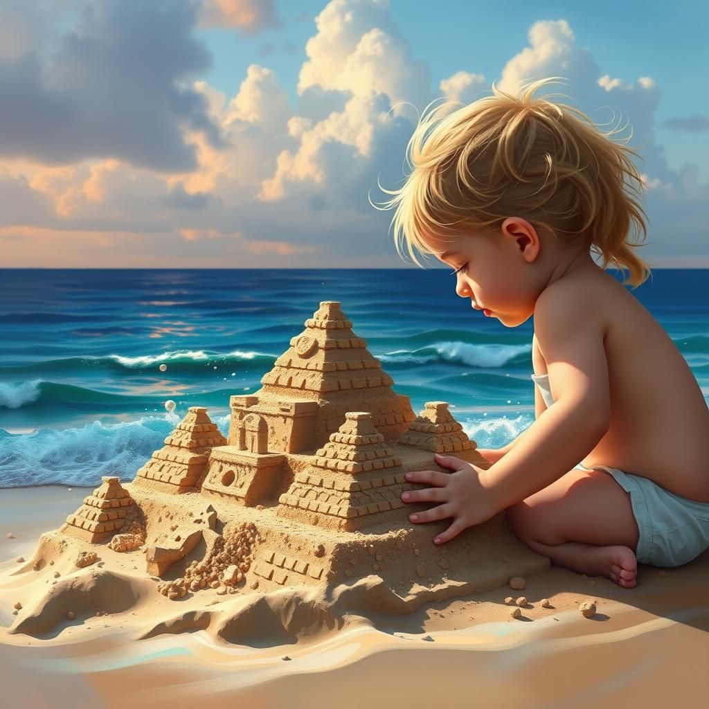 Child making Pyramids sandcastle with ocean in the backgroun...