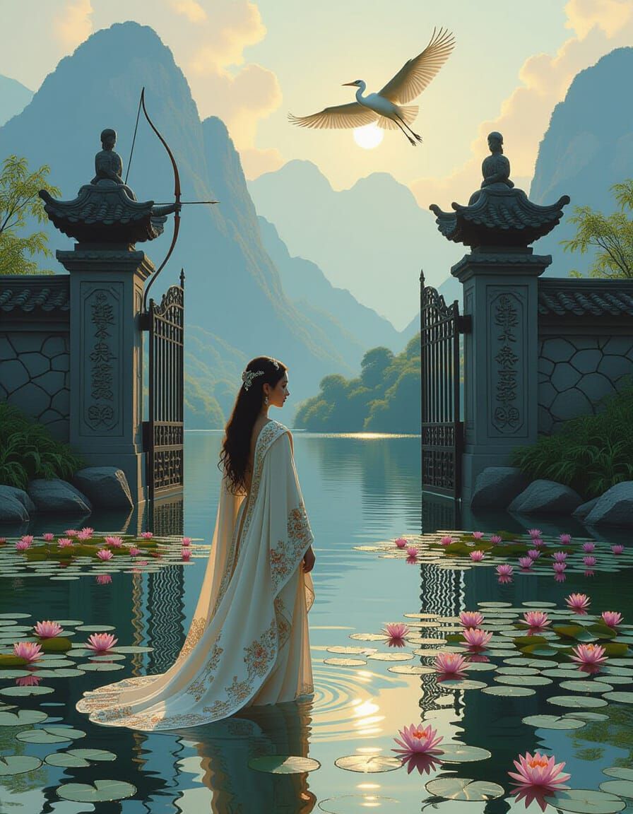 Mountain Palace with Girl in Sfumato Painting Style