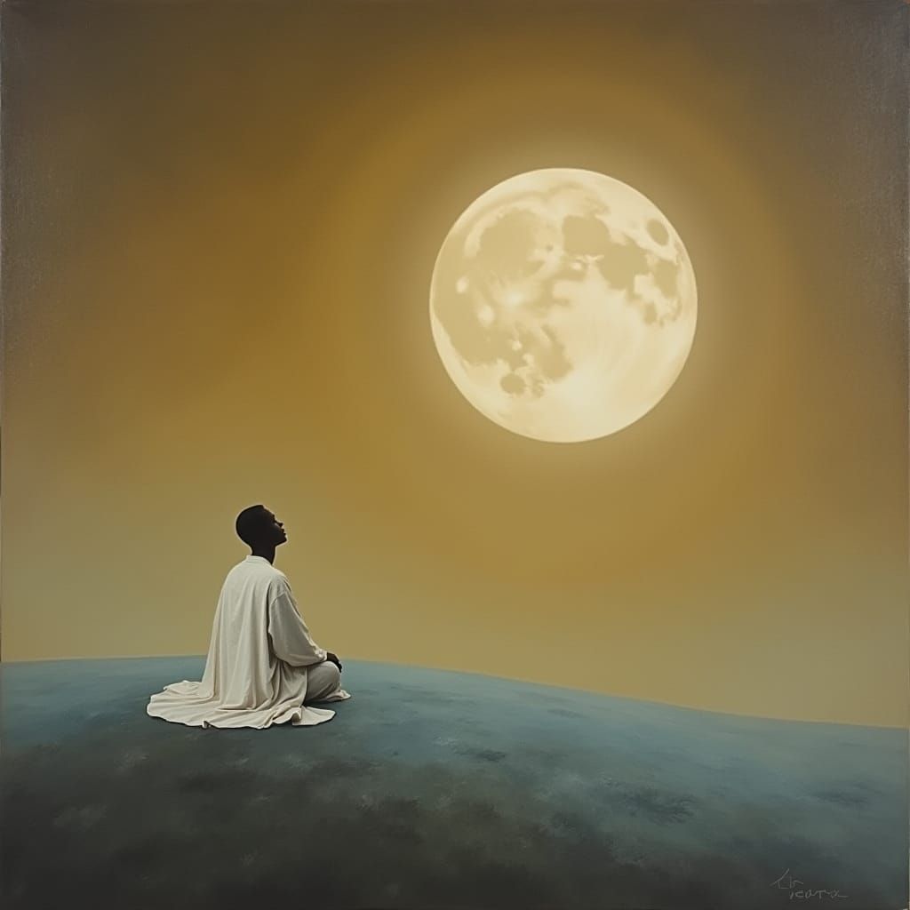 Serene Figure Contemplates Glowing Moon in a Dreamy Landscap...