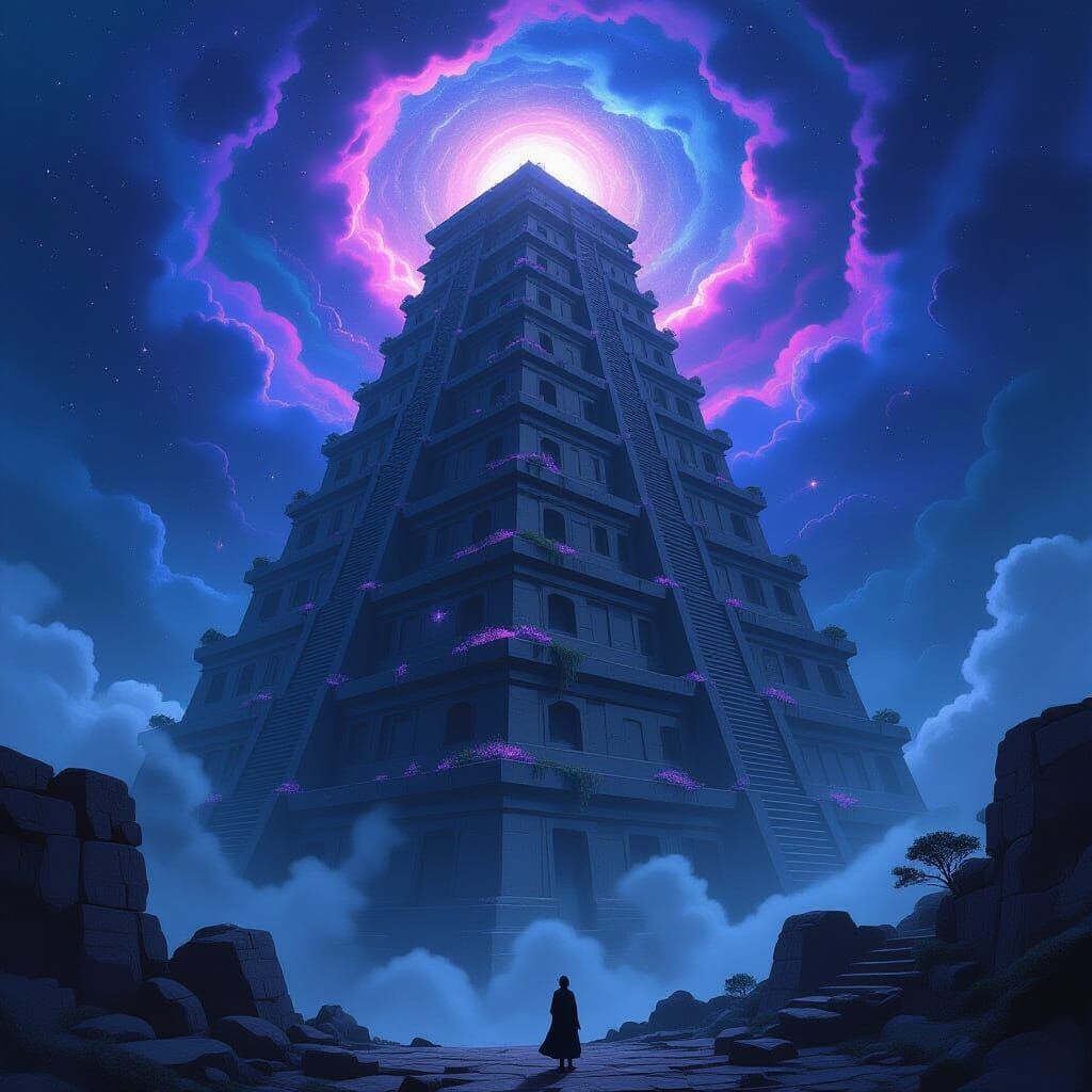Cosmic Ziggurat in Nebula with Bioluminescent Flora