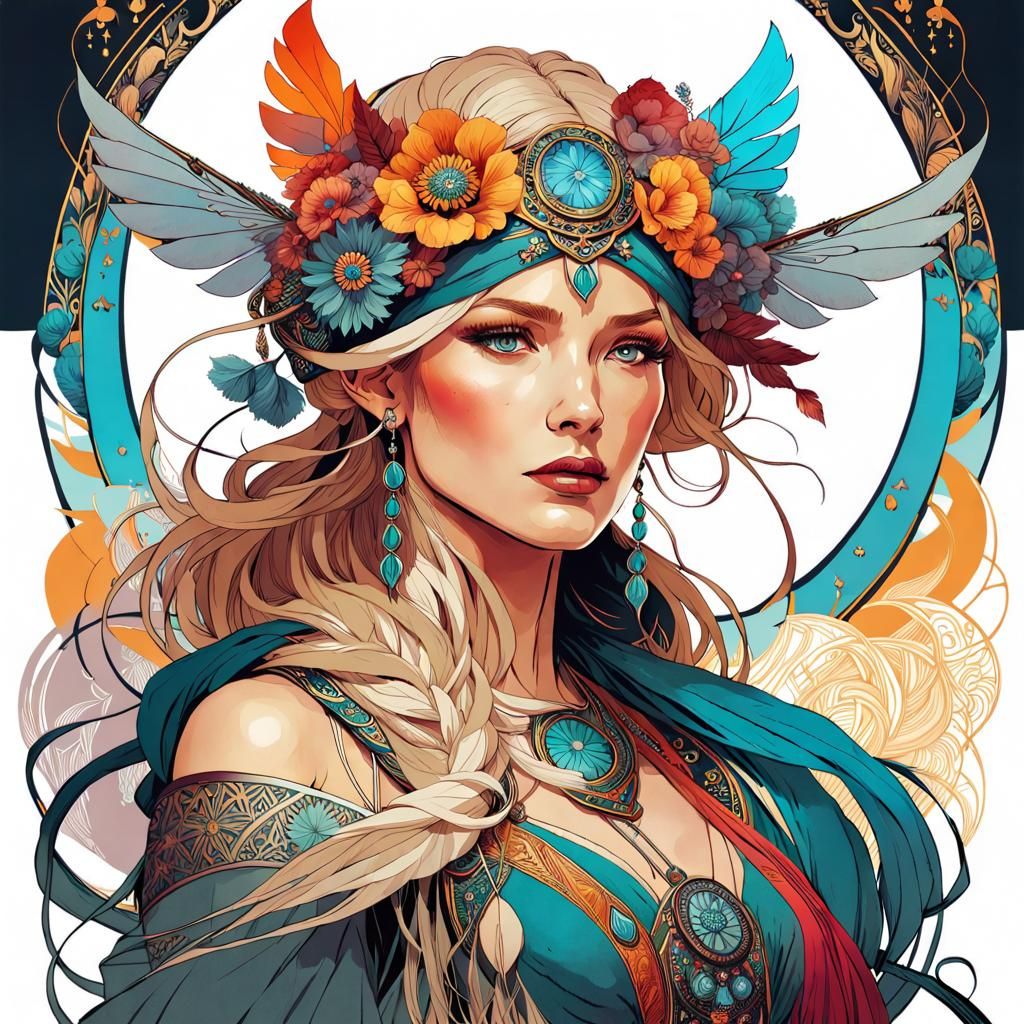 Vibrant Nordic Woman Illustration in Art Nouveau Style