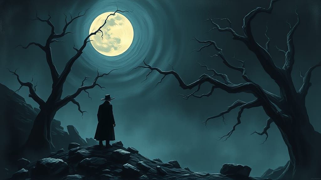 Moonlit Figure in Gothic Landscape