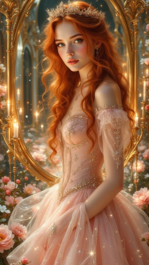 Ethereal Woman in Hall of Mirrors