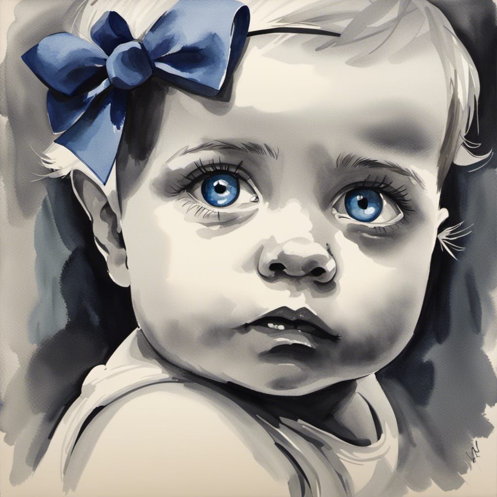 Baby with Sapphire Eyes: Gouache Watercolour Painting