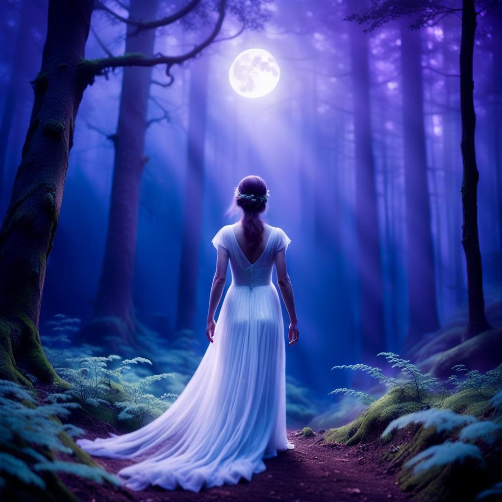Mystical Woman in Moonlit Forest: Vivid Digital Art