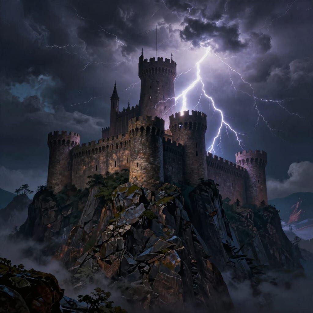 Majestic Medieval Fortress on Rocky Crag in Storm
