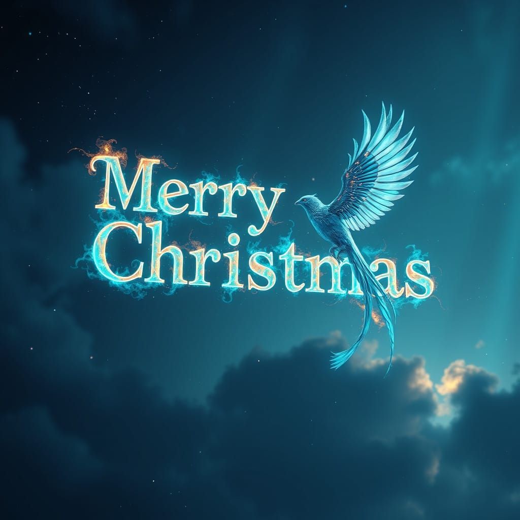 Merry Christmas in Teal Fire with Fantastical Phoenix