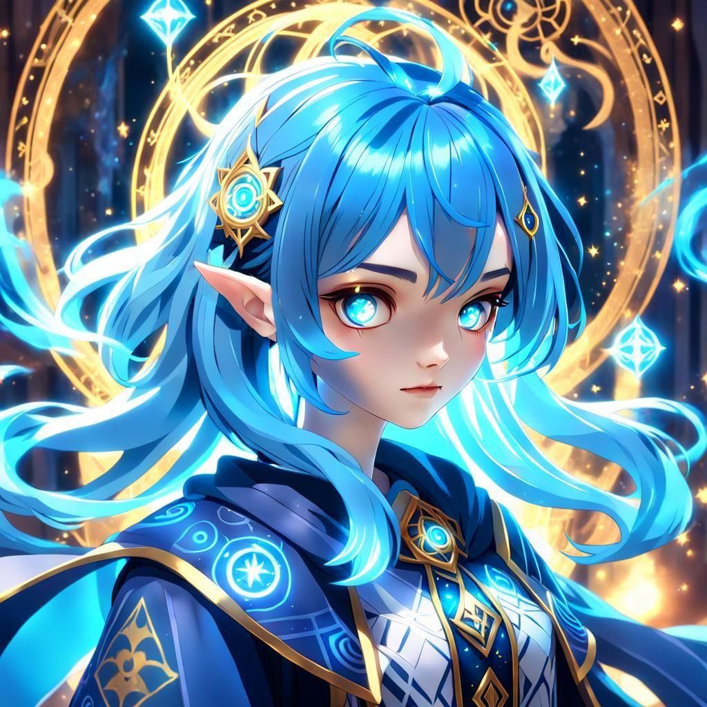 Blue-Haired Wizard Girl in Anime Style