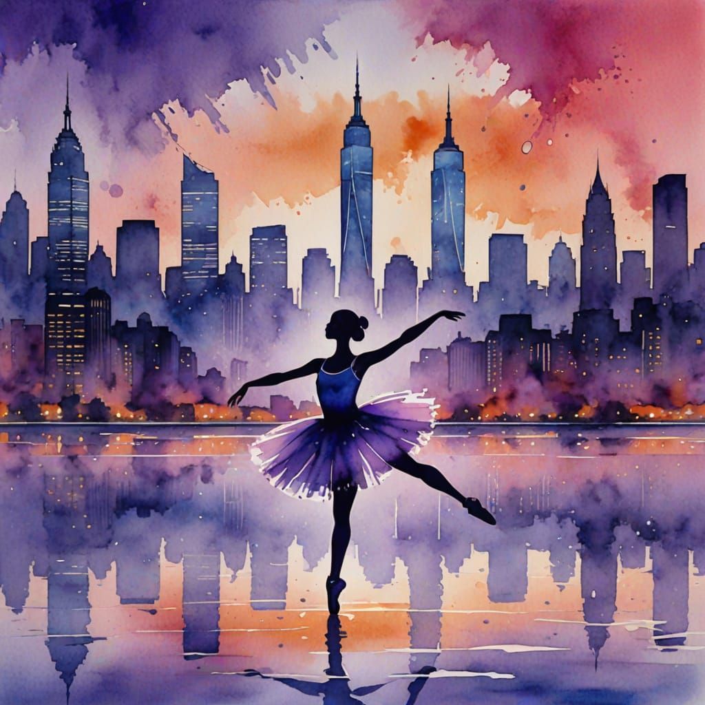 Ballerina Silhouette Dancing in Watercolor Cityscape