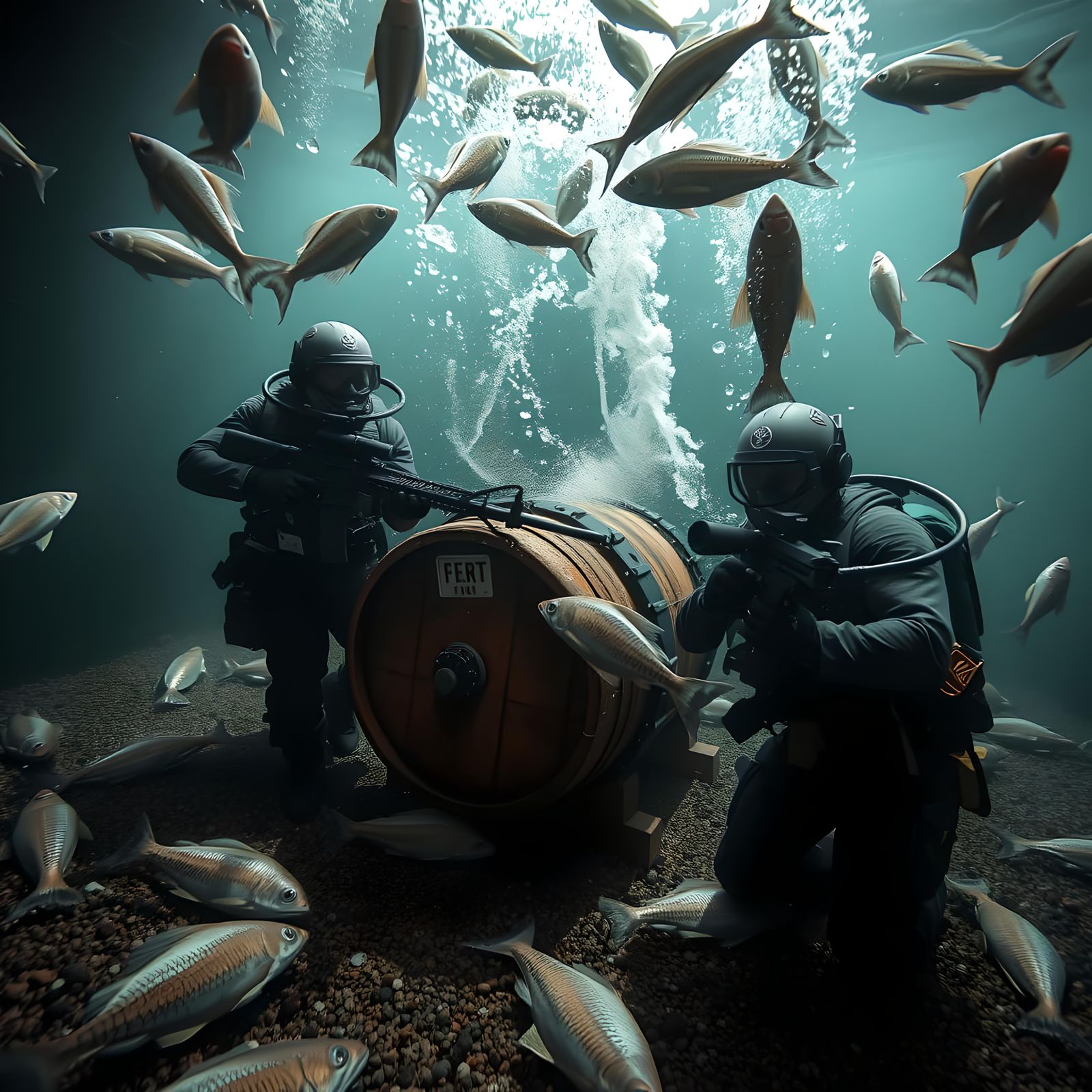 Fish Guarding Guns Inside a Barrel