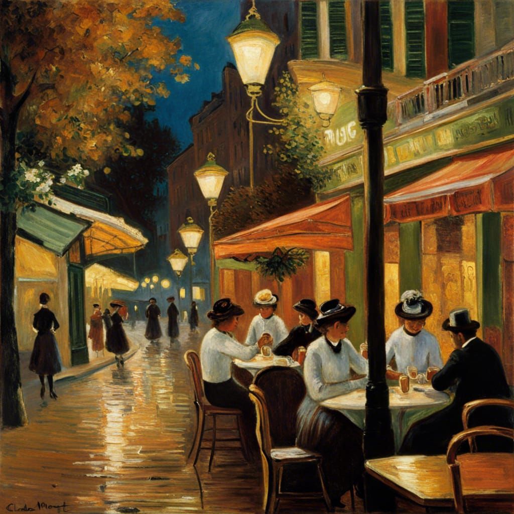Street Cafes at Dusk in Impressionist Style