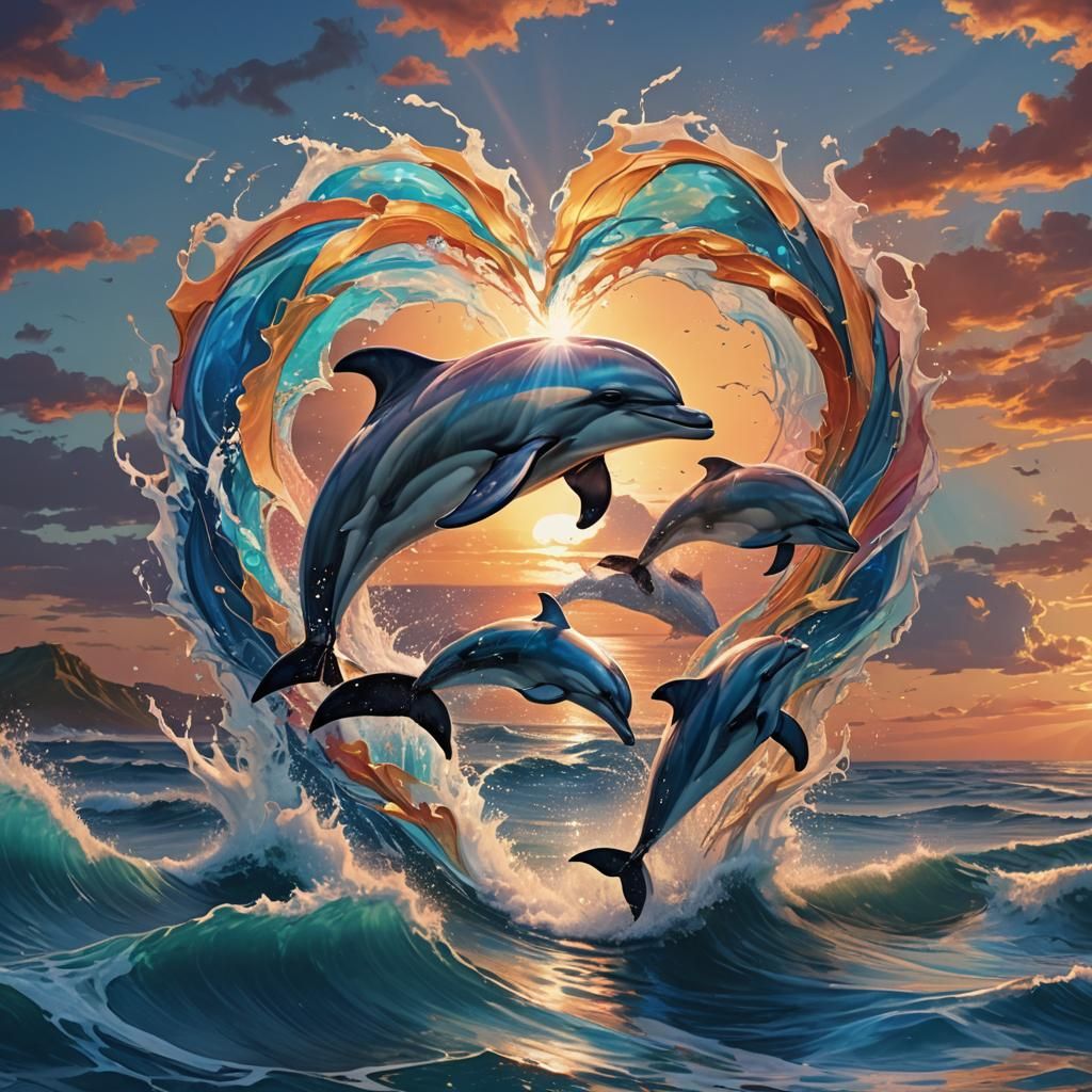 Dolphins Leap to Form a Heart in Papier Collé