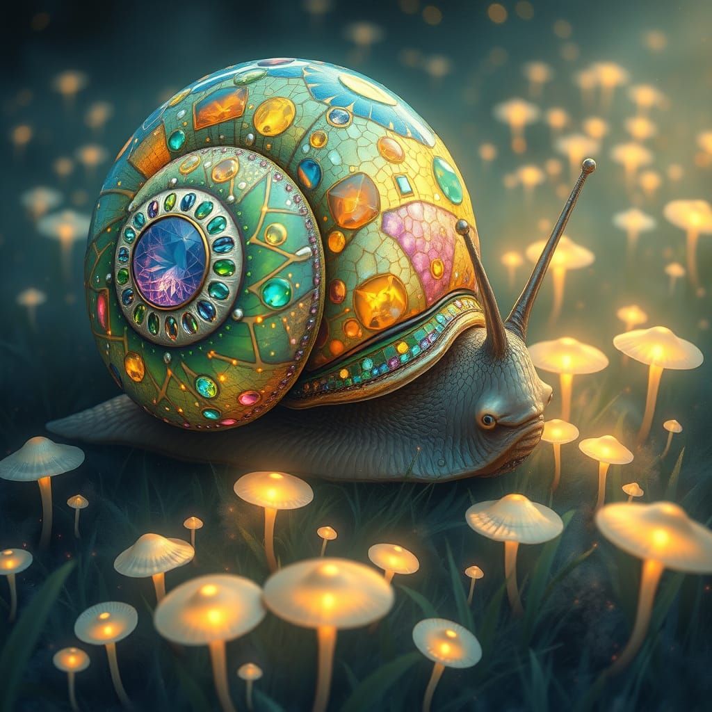 Gargantuan, Gem-Encrusted Snail in an Ethereal Meadow