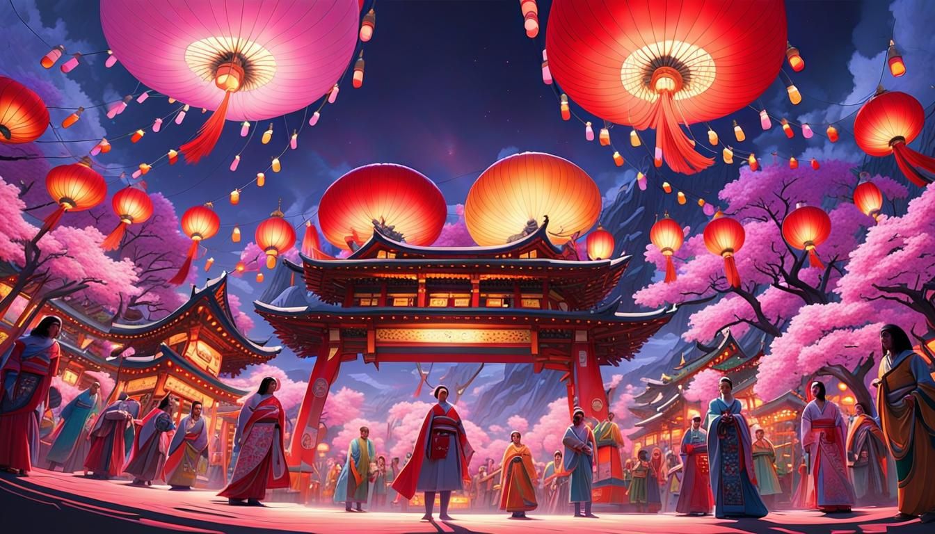 Japanese Festival Dolls in a Neon Cherry Blossom Scene