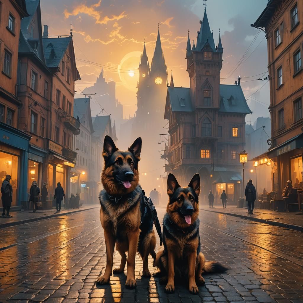 Mystical German Shepherd in Misty Cityscape