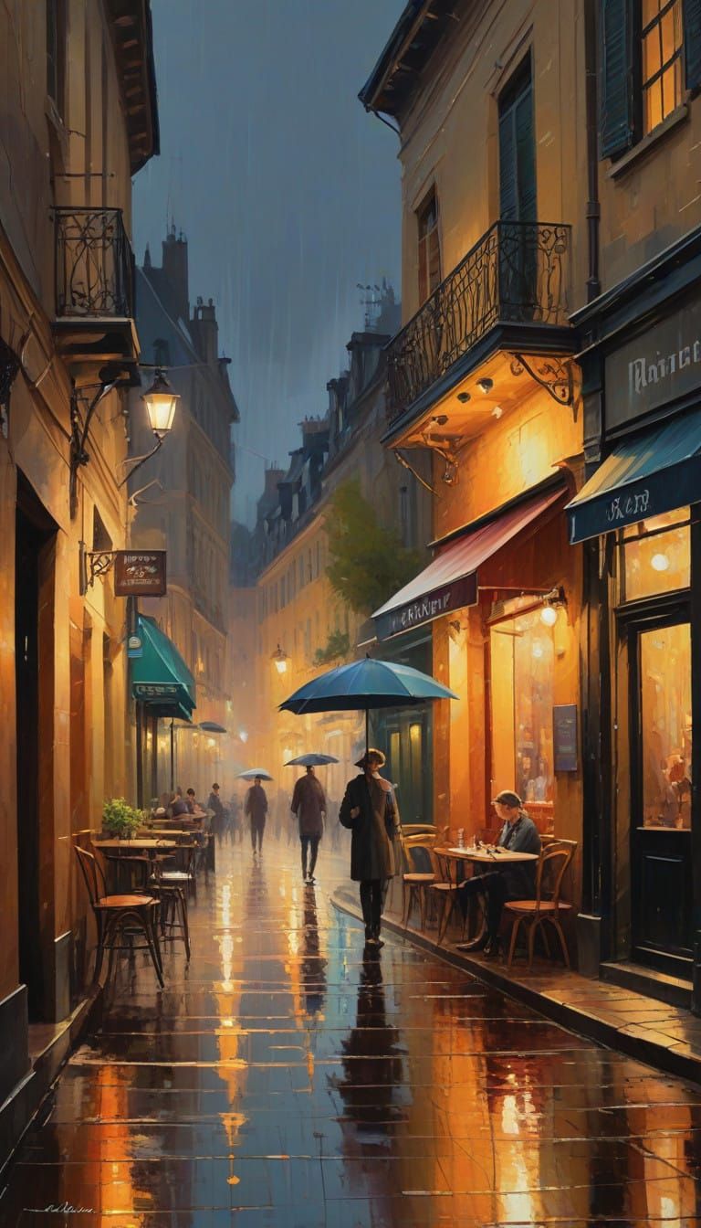 Golden Night Café in Rainy Parisian Streets