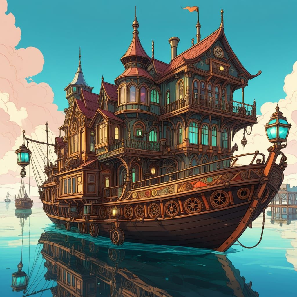 Whimsical Steampunk Fantasy Boat in Warm Golden Light