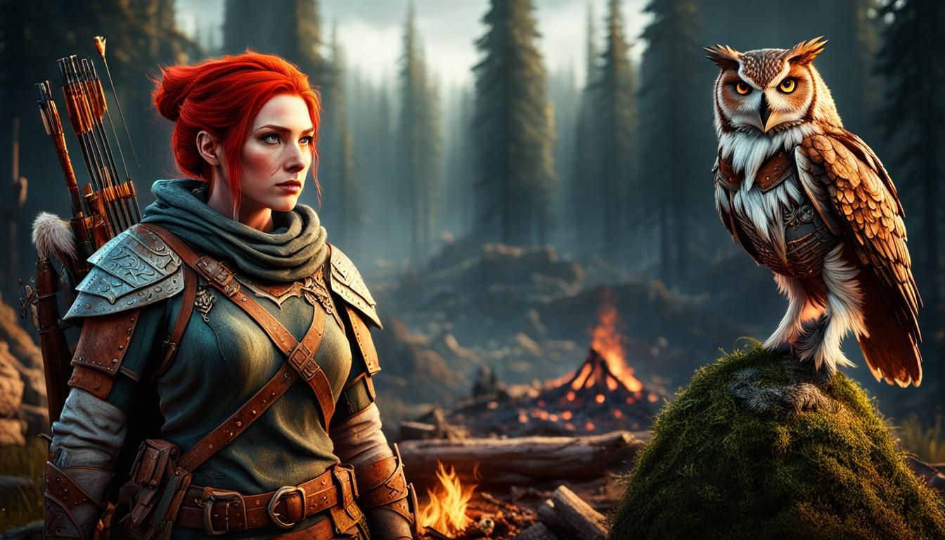 Fantasy Ranger with Owl Companion in Detailed Matte Painting