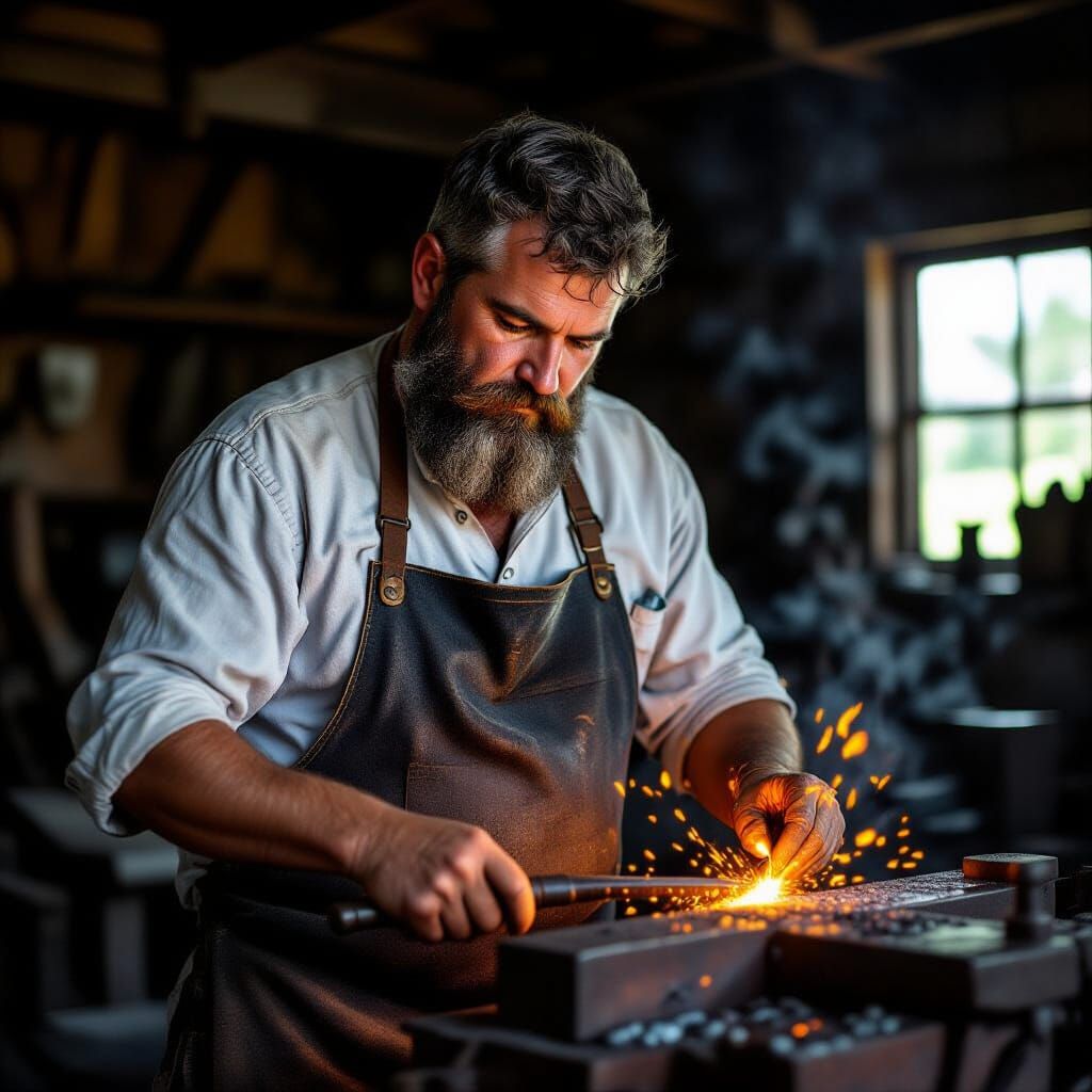 Blacksmith Focused on Craft: Close-Up Hammering Scene