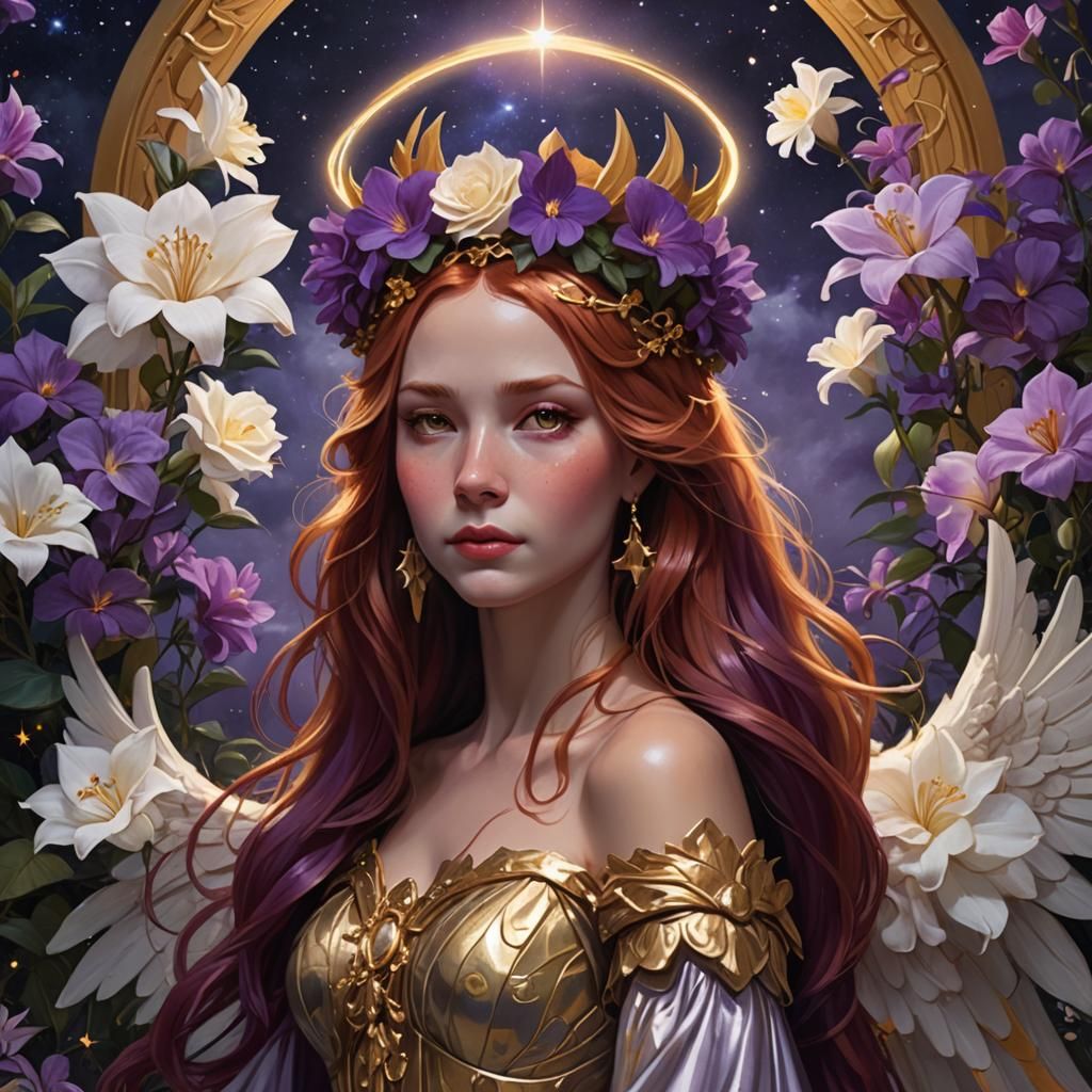 Sorrowful Angel in Night Garden with Roses