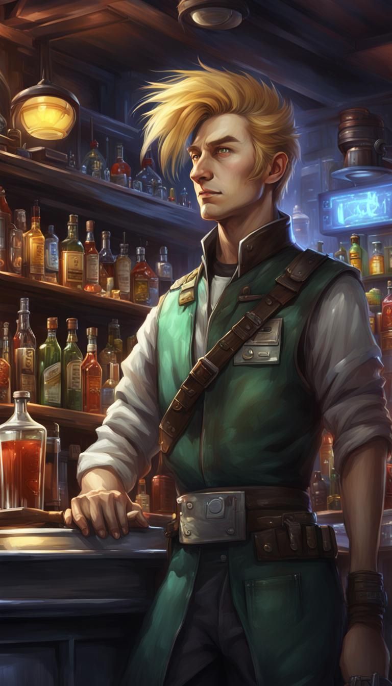 Sci-Fi Bartender Grinning in Final Fantasy Style