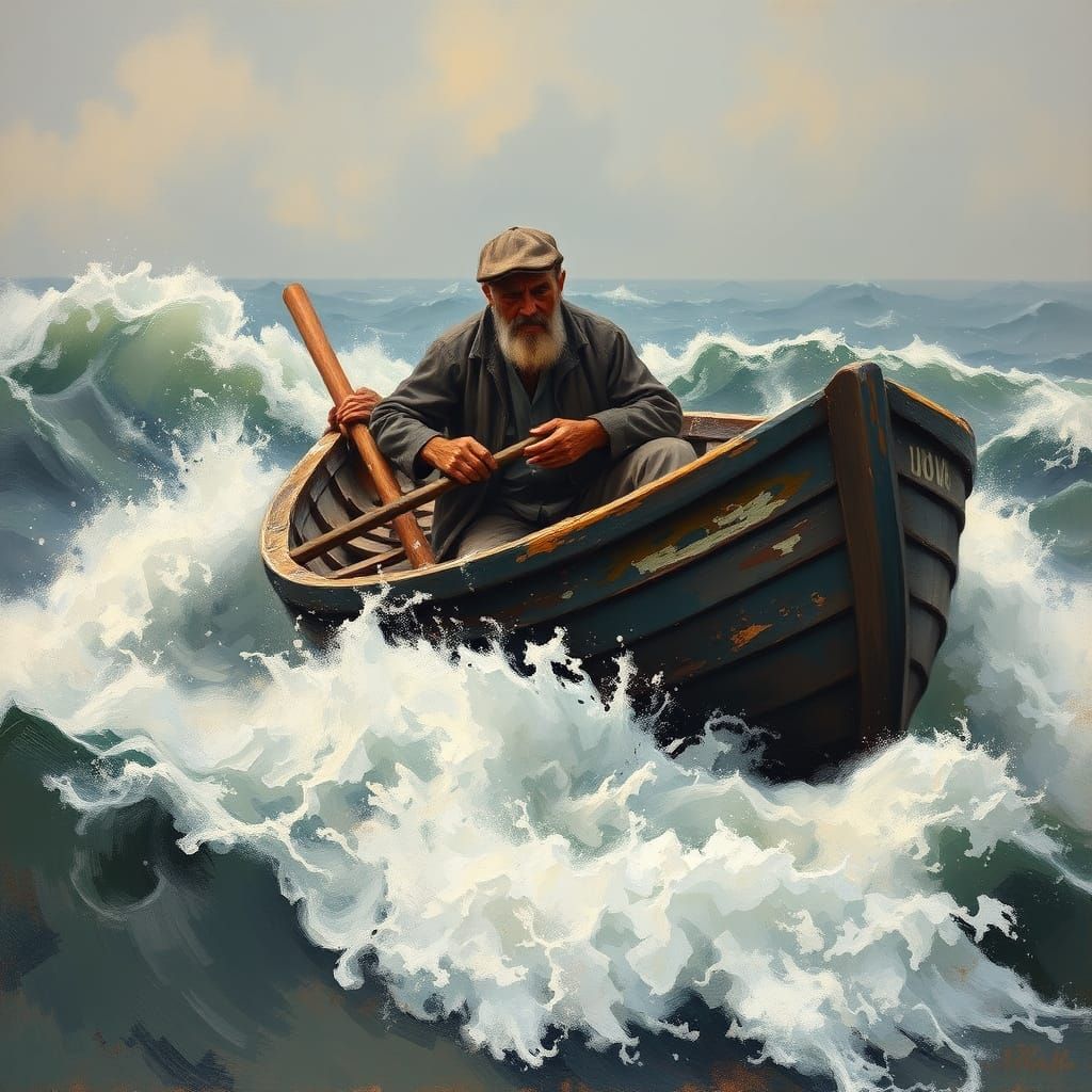 Fisherman's Struggle: A Seascape in Romantic Style