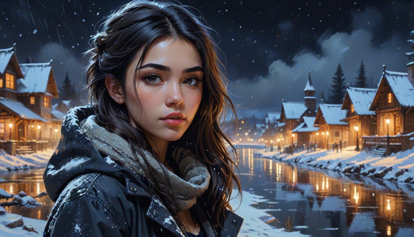 Mystical Portrait in a Snowy Night Landscape
