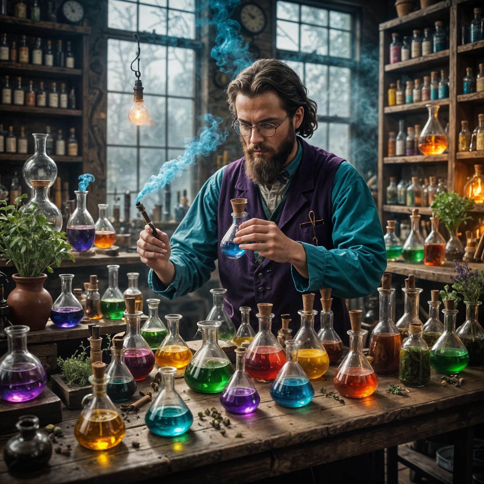 Magic Potion Alchemist Mixing Vials with Colorful Auras