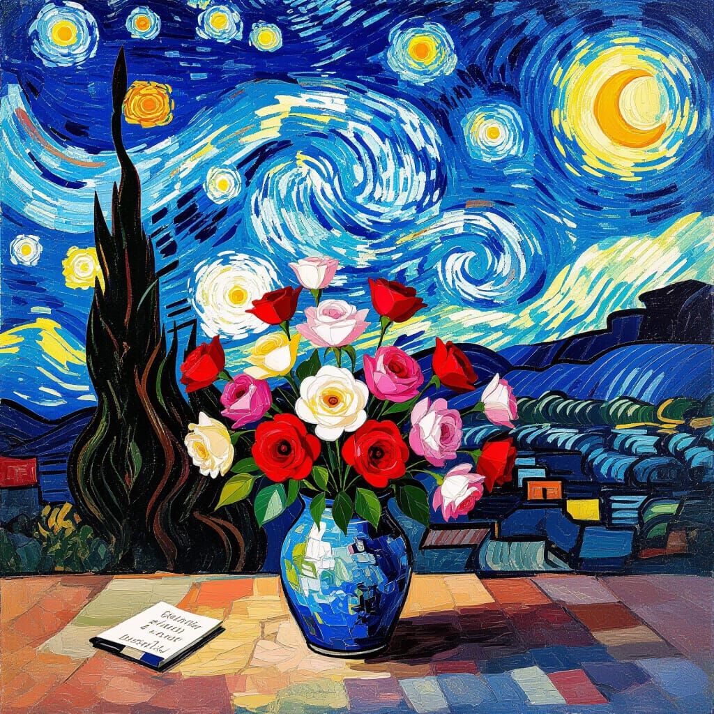 Pink Flower Bouquet in Van Gogh Style