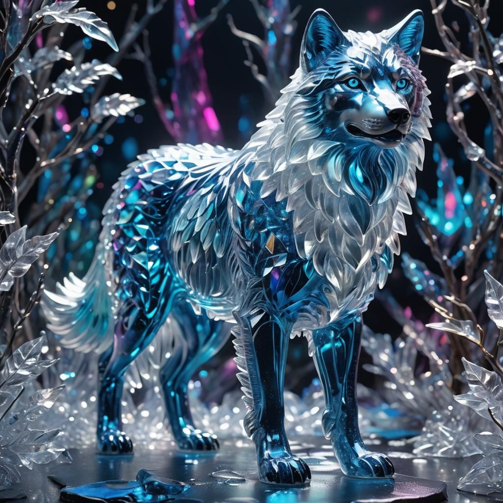Iridescent Crystal Wolf Figurine with Ice Magic