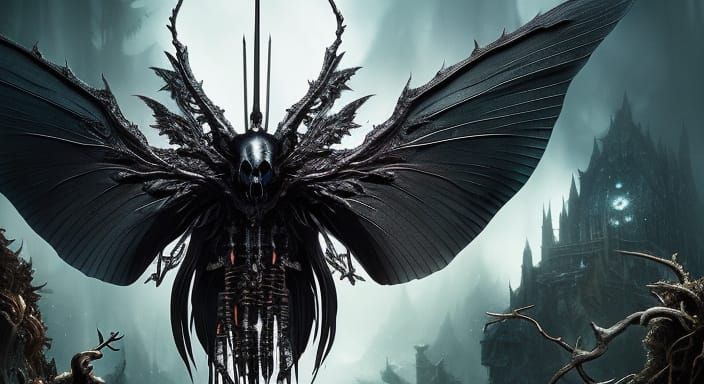 Moth on Skull with Cherry Blossoms: Dark Fantasy Art