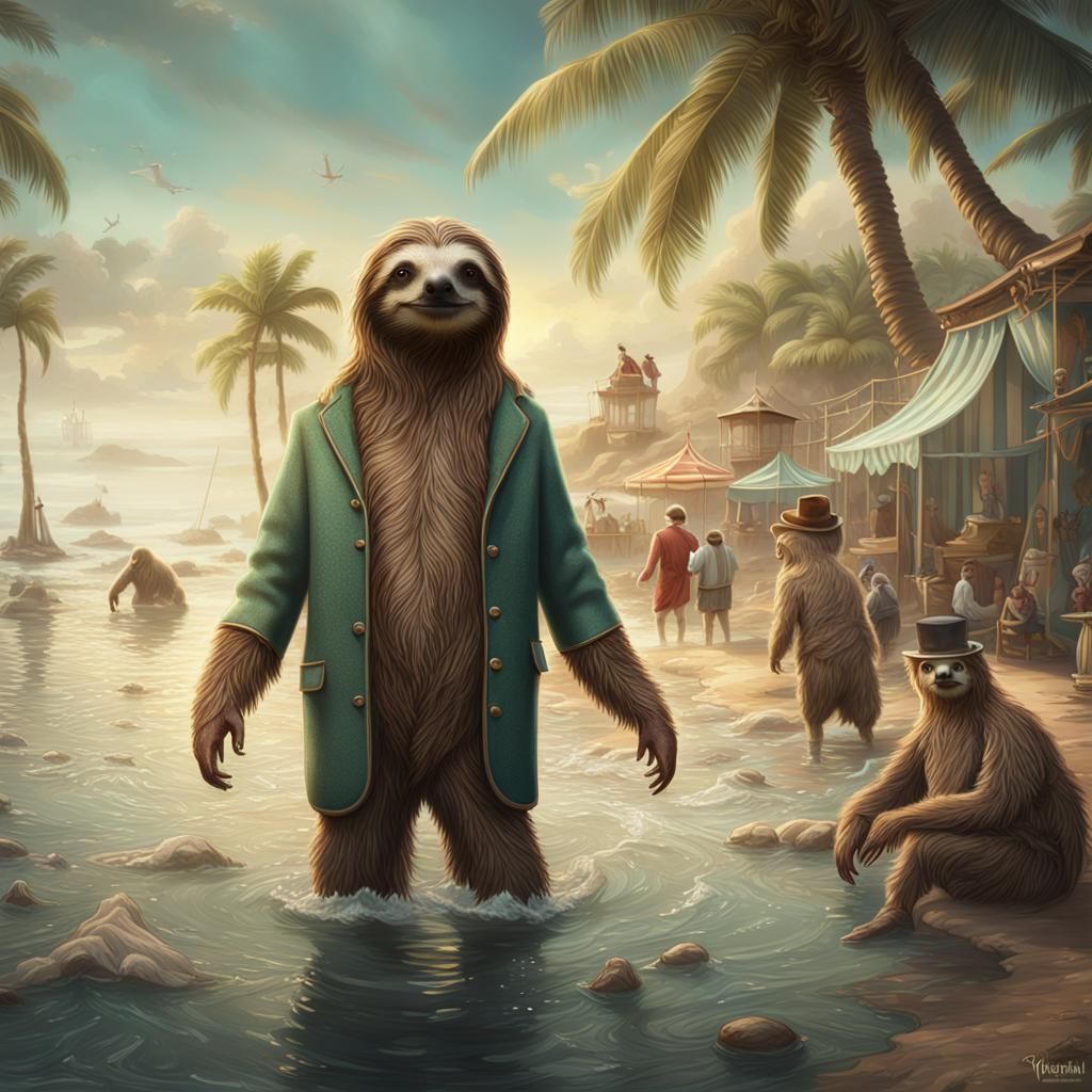 Victorian Sloth Skinny Dipping: Detailed Matte Painting