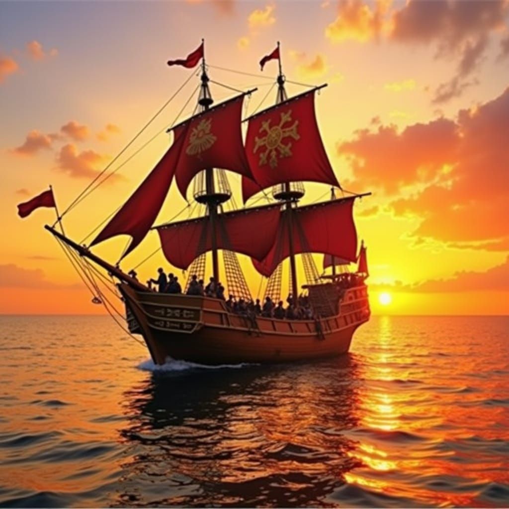 Medieval Ship at Sunset with Eccentric Travelers