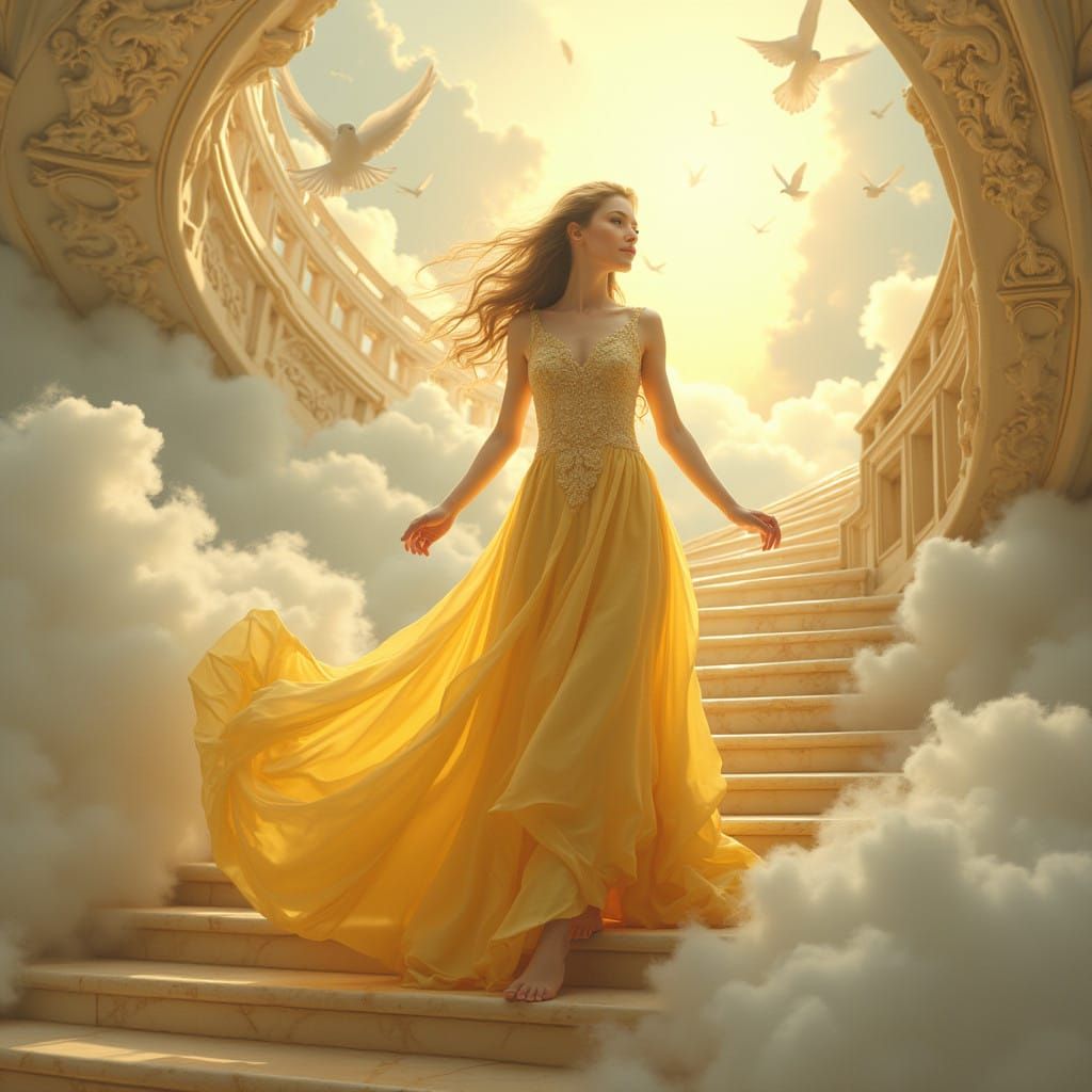 Celestial Woman Ascends Majestic Stairway to Heaven