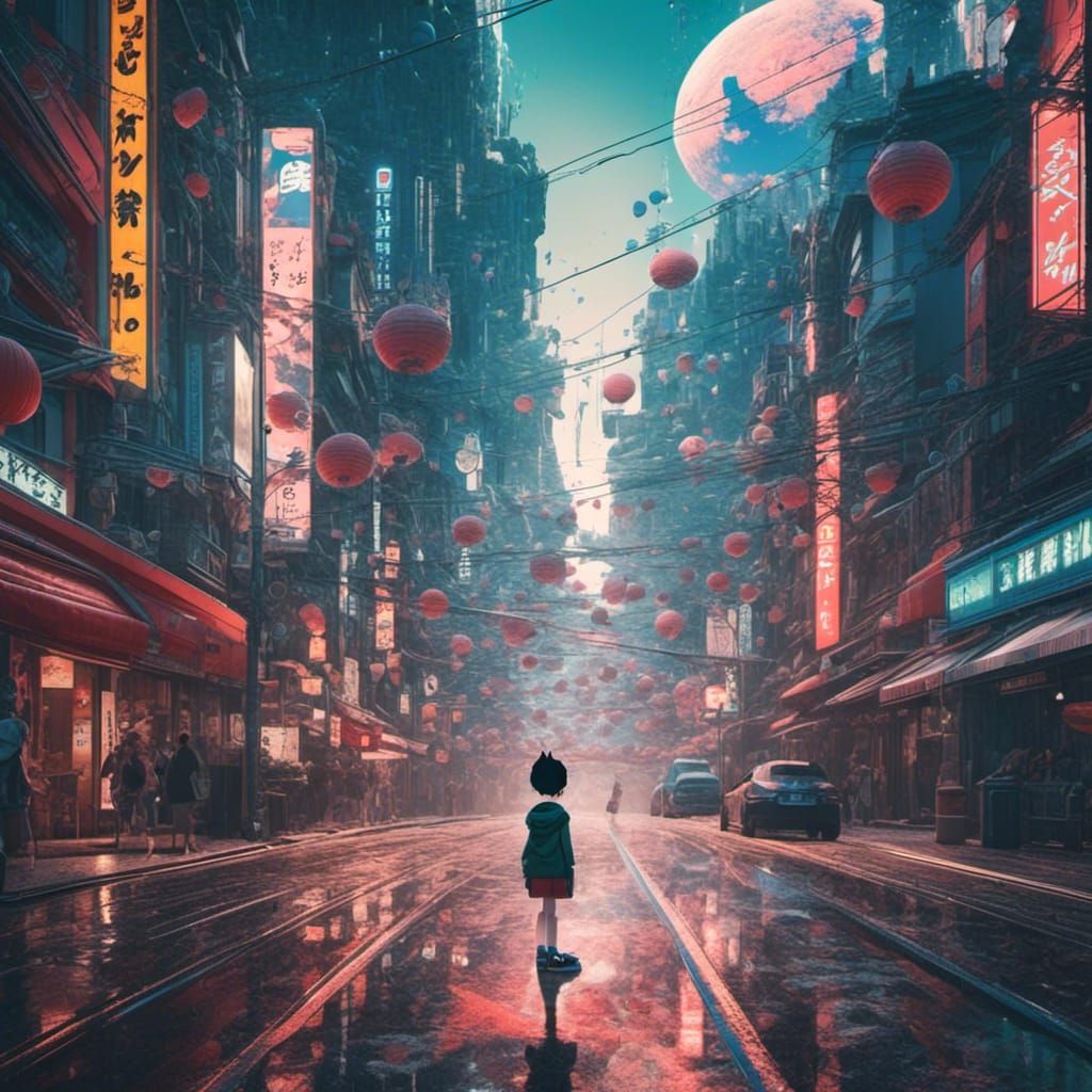 Astroboy on Shibuya Street: Detailed Matte Painting
