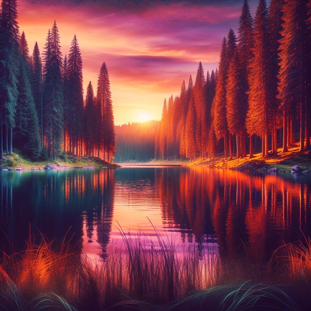 Sunset Over Serene Lake with Wildlife and Pines