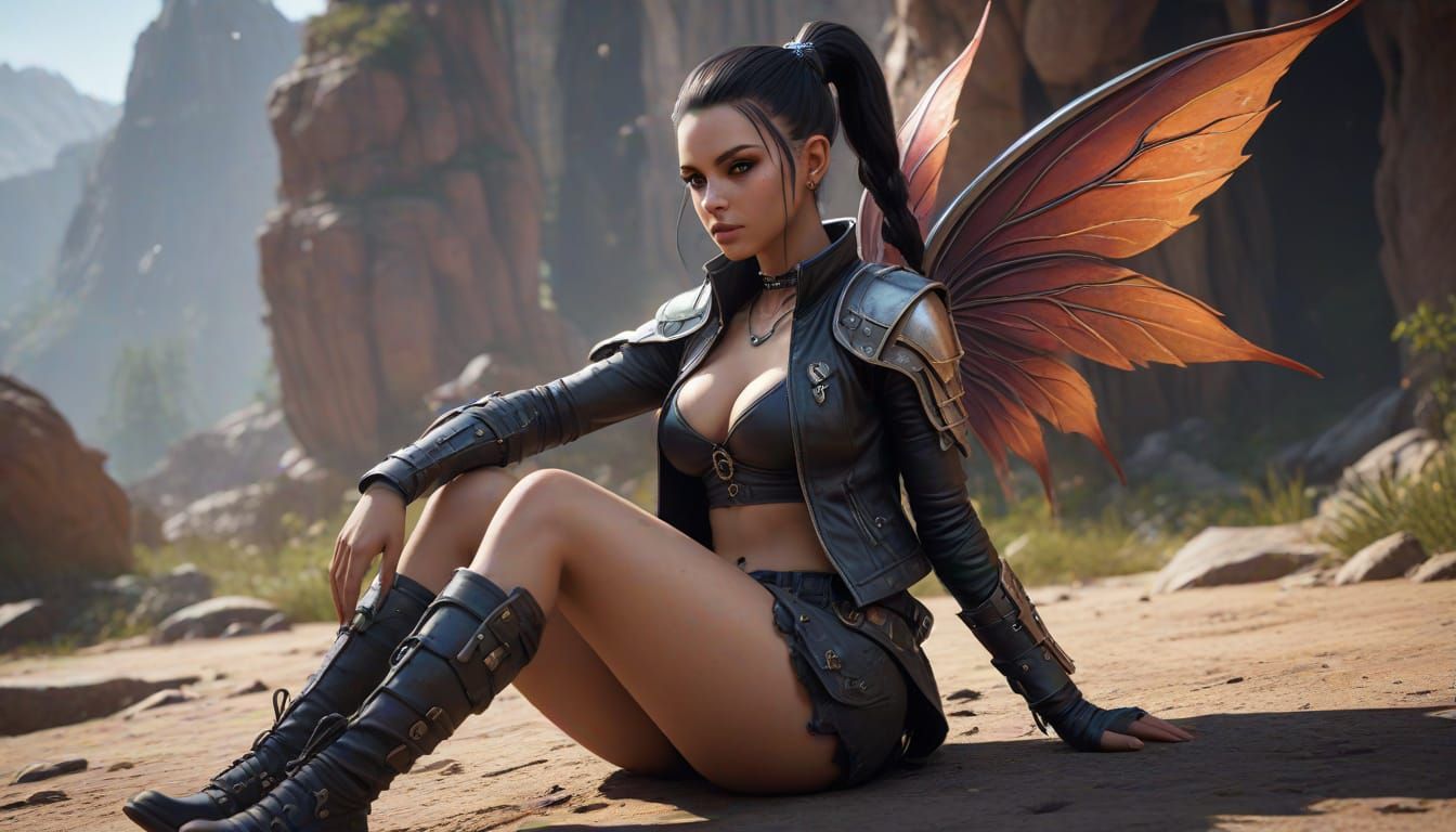 Fairy Beautiful Dark elf, Pigtails, half jacket, fairy wings, cut off shorts, fishnets, Combat boots, AR17, shadows, Bea...