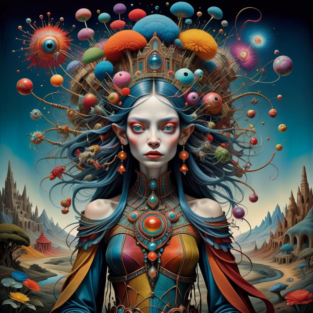 Vivid Landscape with Abstract Forms and Whimsical Details