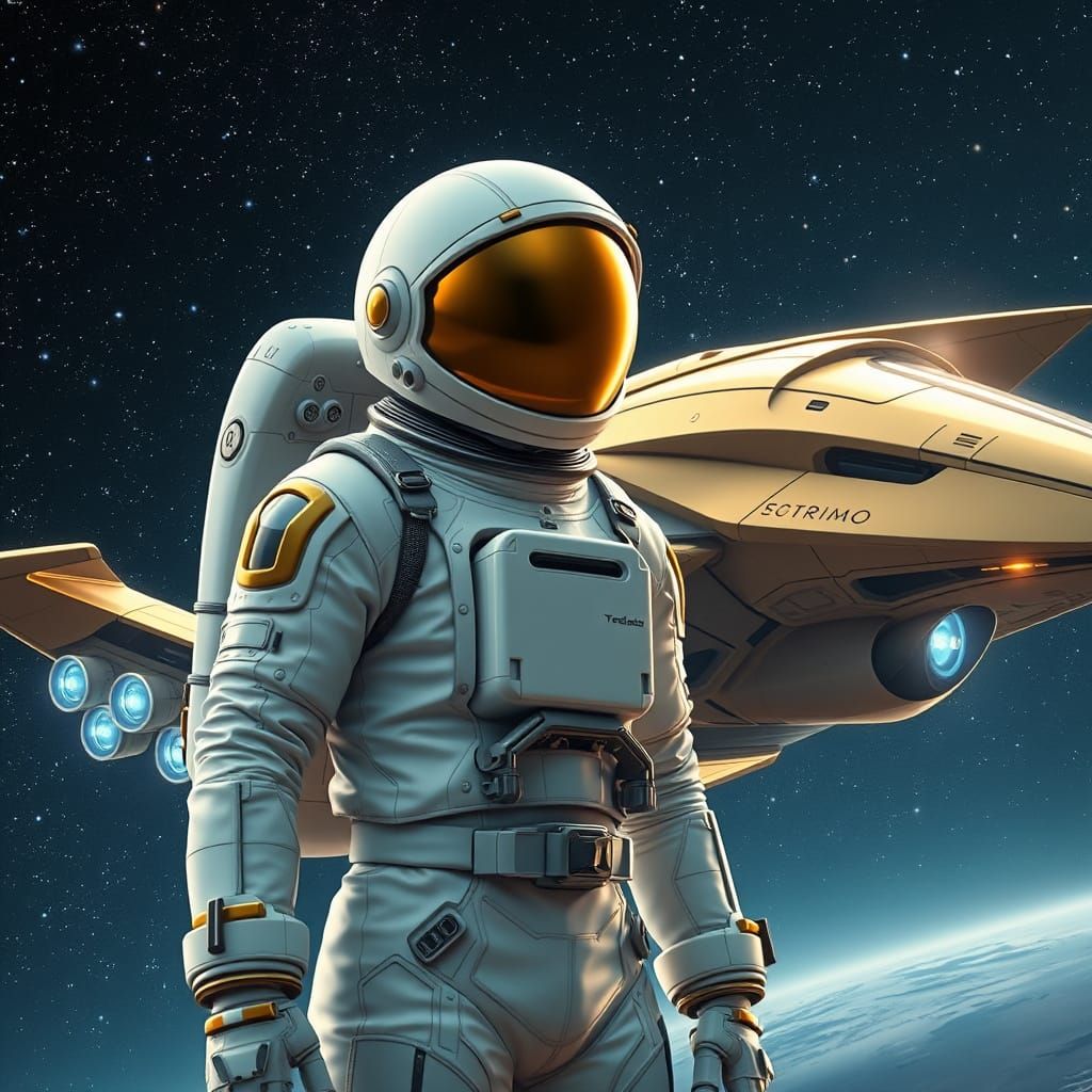 Heroic Astronaut Beside Futuristic Spaceship Under Starry Ni...